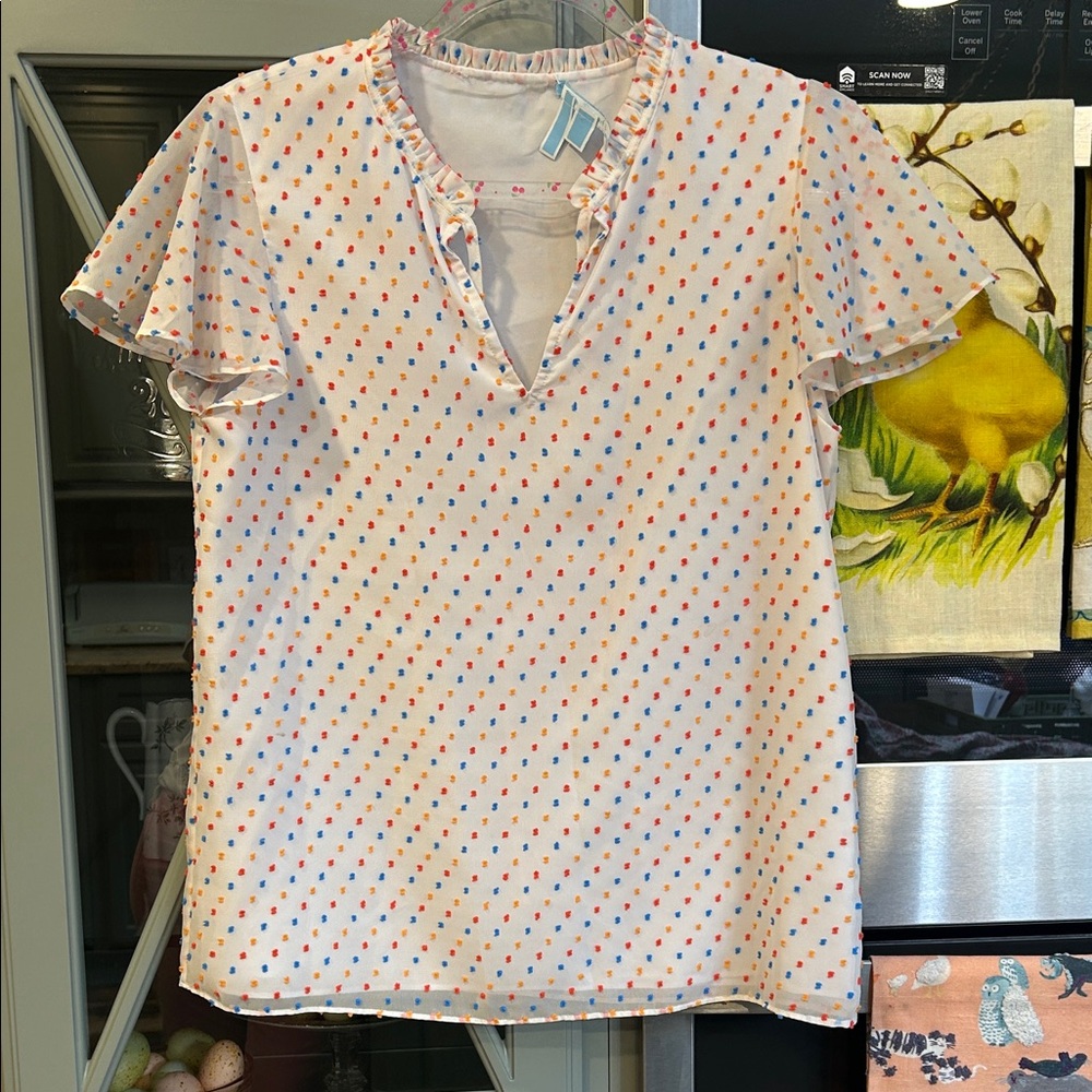 Draper James Swiss Polka Dot Print Ruffle Sleeve Blouse Small